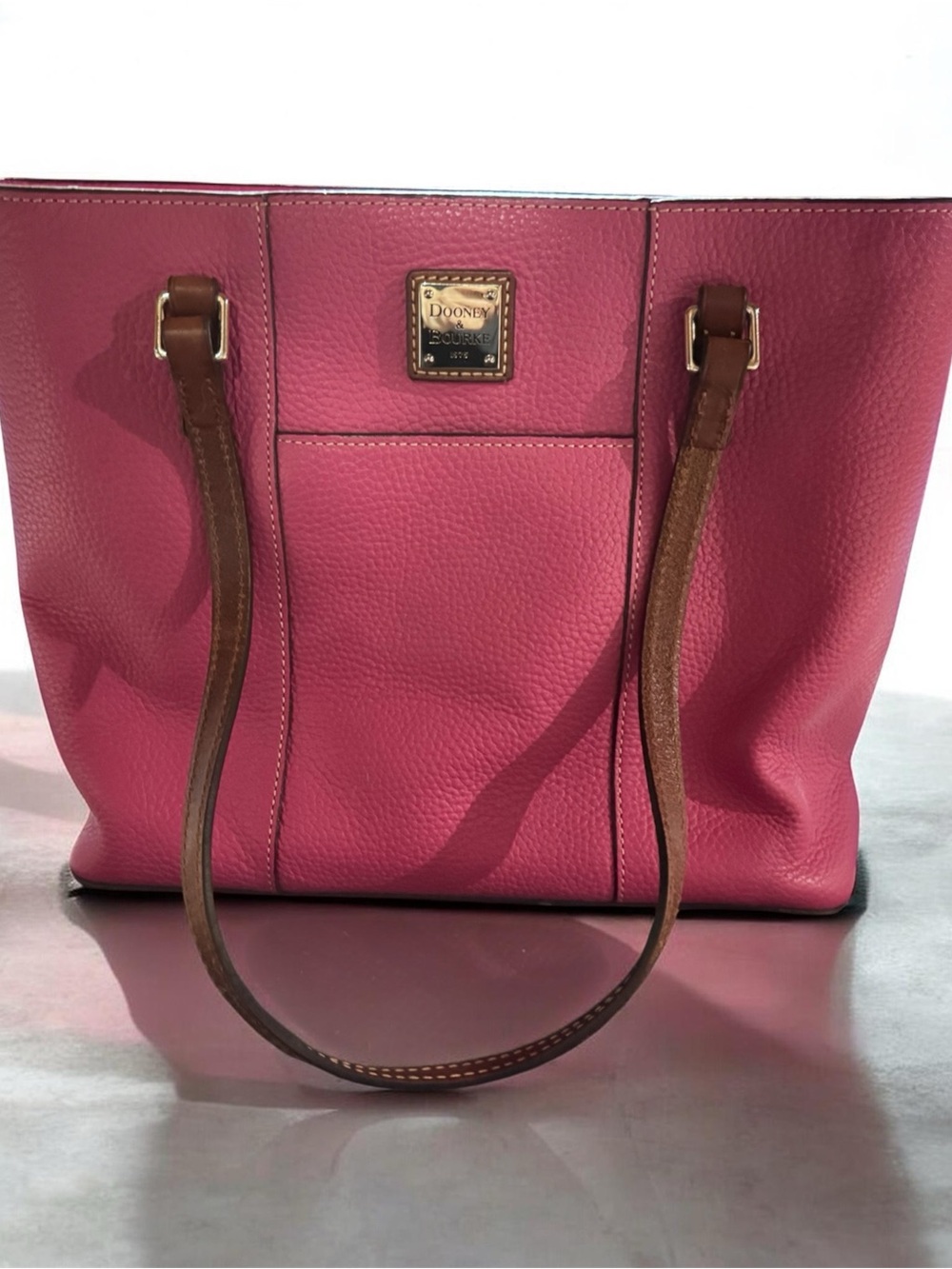 Dooney & Bourke Pink Pebble Leather Tote with Brown Straps and Logo Plaque - Picture 4 of 14